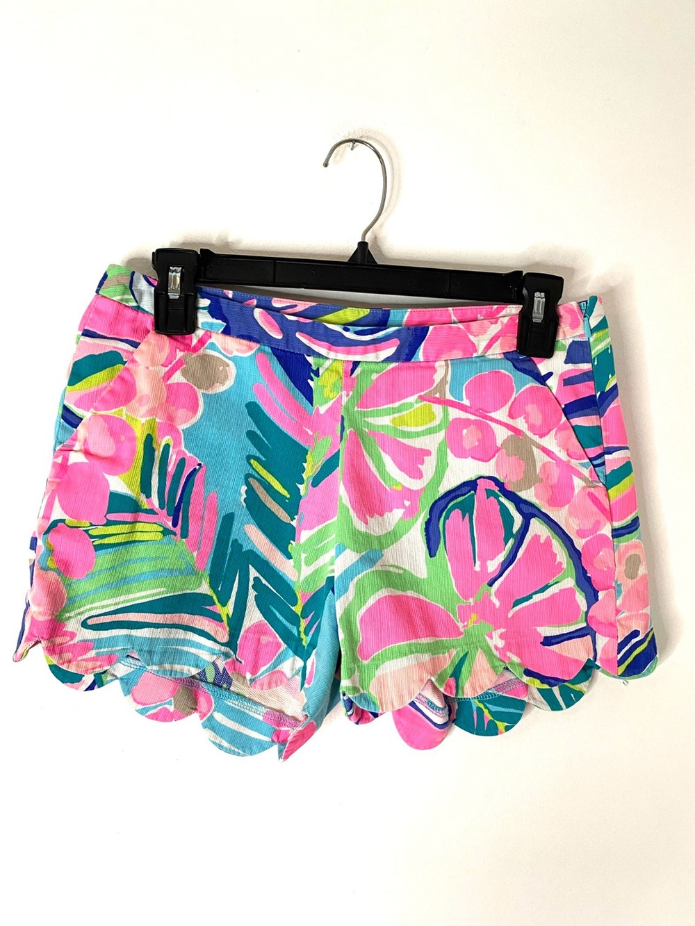 Lilly Pulitzer Tropical Floral Scallop Hem Cotton Shorts Pink Blue Green